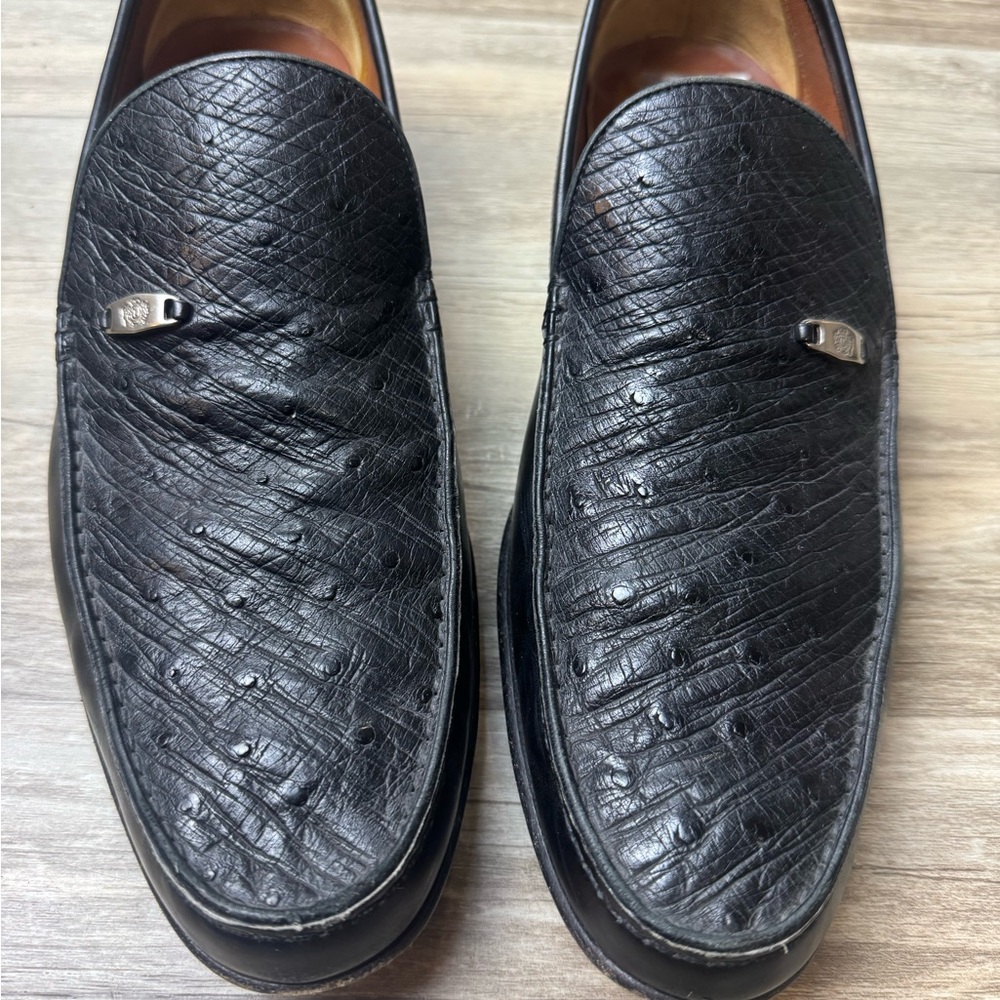 A Testoni Ostrich Leather Loafers Black Mens 10.5 Italy Luxury